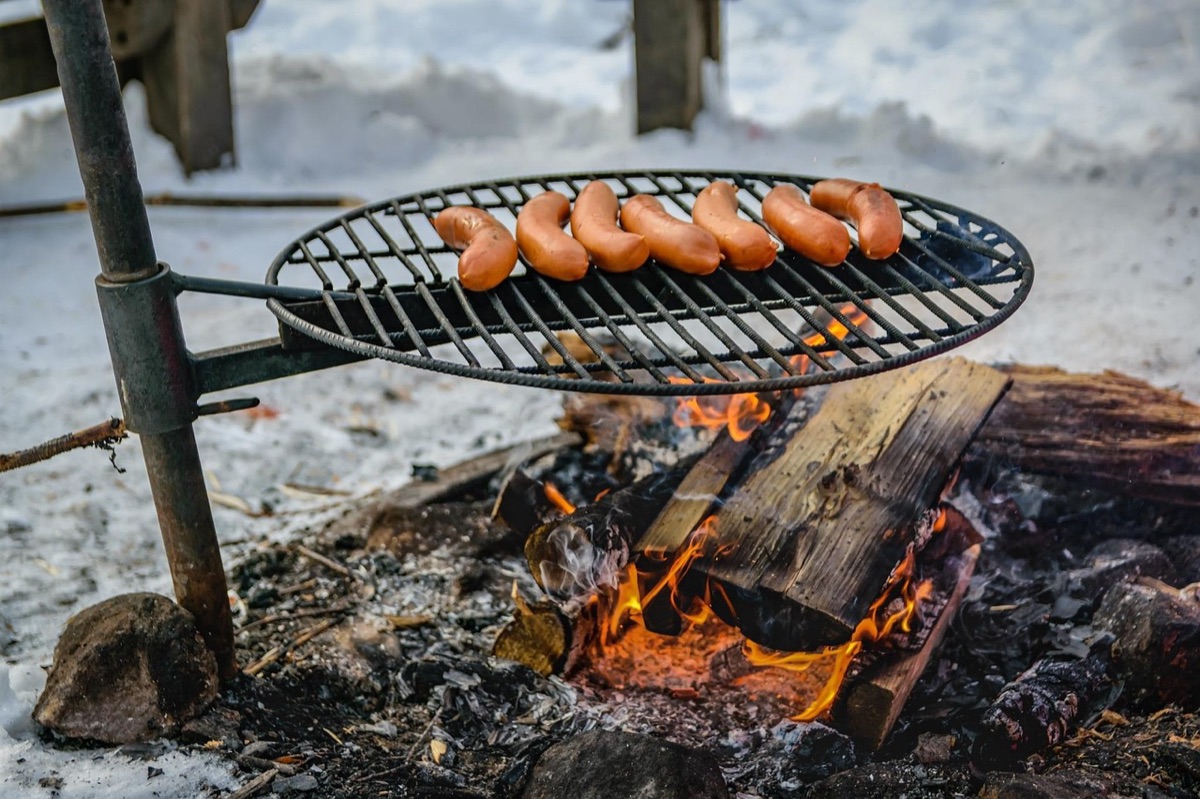 Winter camping gear setup with cadie bag