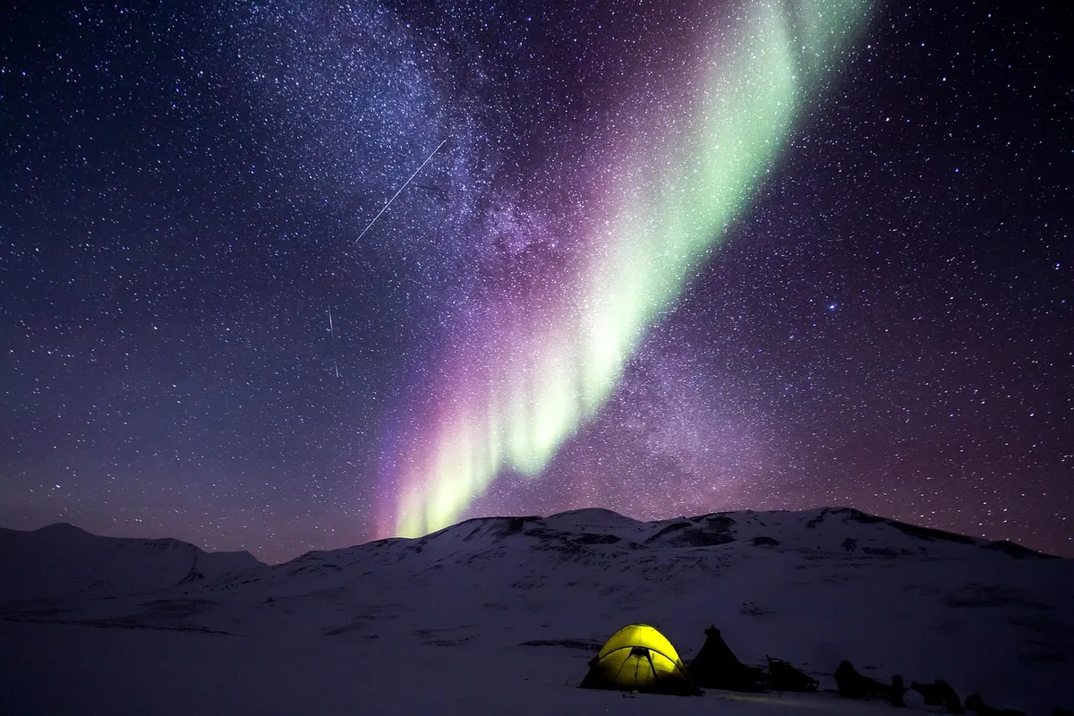 night, aurora, snow, north pole, nature, polar lights, aurora borealis, alaska, arctic, northen lights, ray of light, space, landscape, tent, camping, adventure